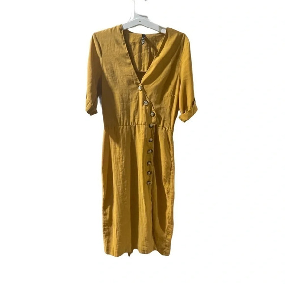Zara Trf Linen Mustard Shirt Dress See Picture with Small Snags on Sleeve. - Picture 1 of 6